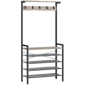 coat stand, coat rack with shoe storage, industrial hall tree, large hall stand, 5 removable hooks, wood accent top shelf, entryway storage shelf, metal frame, grey and black