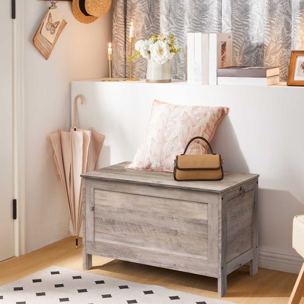 Retro Wooden-Look Storage Chest with Safety Hinge, Multifunctional Entryway Storage Bench and Toy Organizer, Grijs, Eenvoudige montage