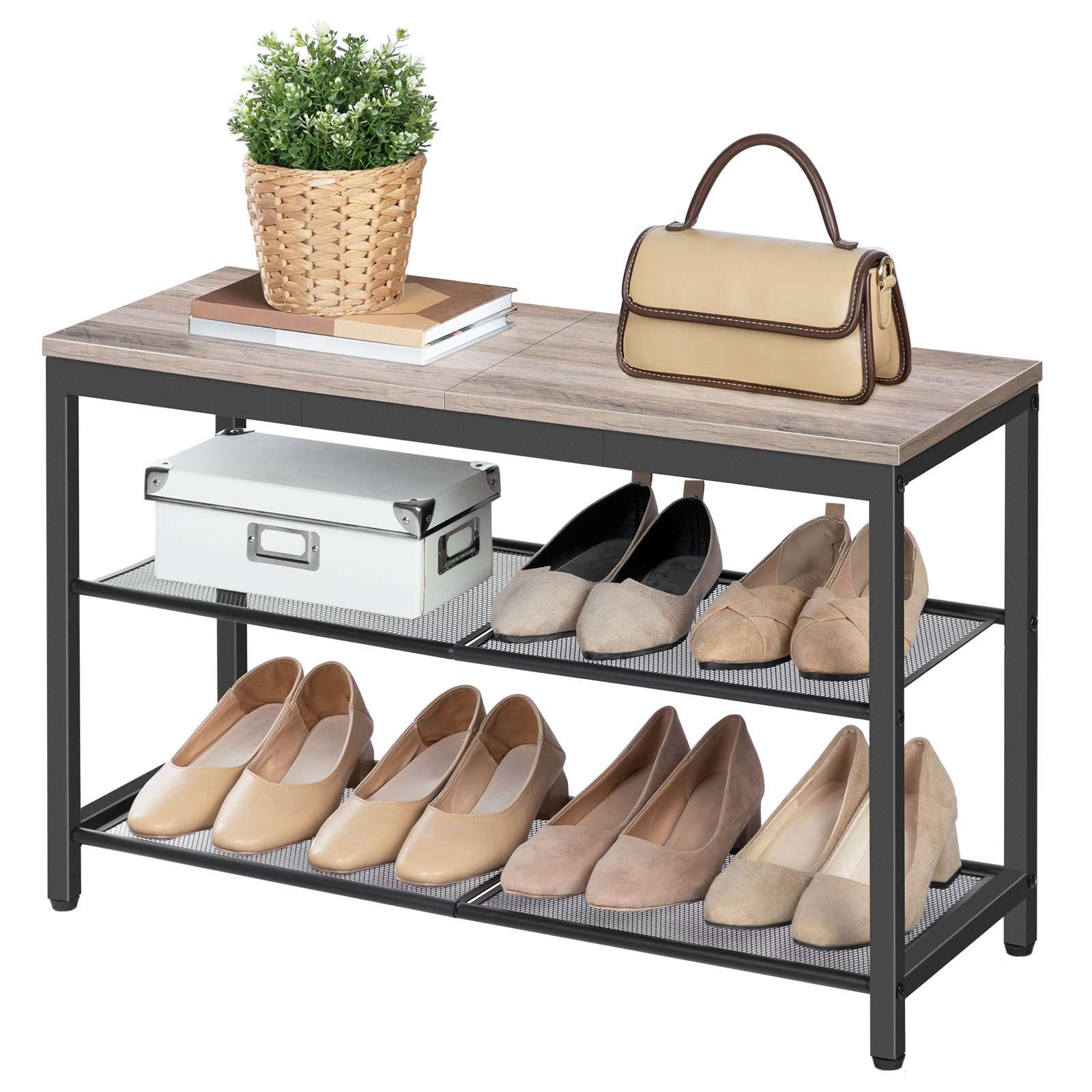 Grey Shoe Bench with 3-Tier Mesh Shelves, Industrial-Style Shoe Organizer Storage Bench, 74.93cm Entryway Bench, مناسبة للمدخل, غرفة الجلوس, المدخل, سهل التجميع
