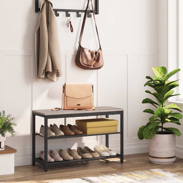 Grey Shoe Bench with 3-Tier Mesh Shelves, Industrial-Style Shoe Organizer Storage Bench, 74.93cm Entryway Bench, مناسبة للمدخل, غرفة الجلوس, المدخل, سهل التجميع