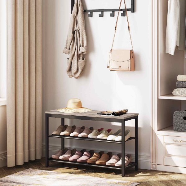 Grey Shoe Bench with 3-Tier Mesh Shelves, Industrial-Style Shoe Organizer Storage Bench, 74.93cm Entryway Bench, مناسبة للمدخل, غرفة الجلوس, المدخل, سهل التجميع