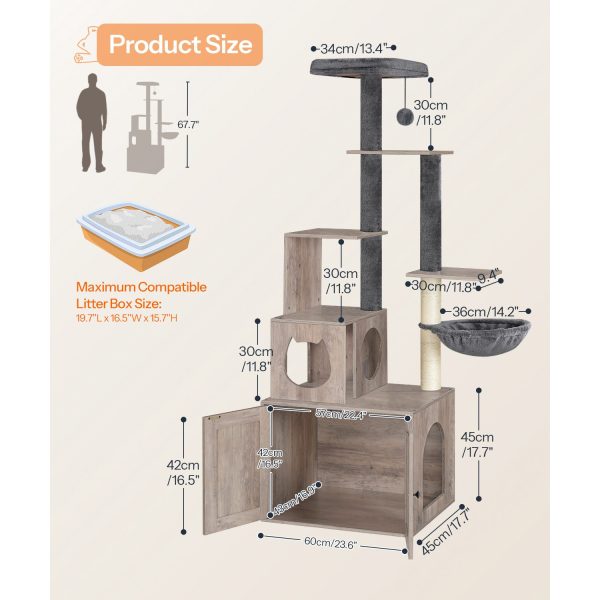 Cat Tree with Litter Box Enclosure, 172.0cm H Wooden Multifunctional Pet Furniture with Hidden Litter Box, Perch, Hammock and Scratching Post, Cat Tower for Indoor Cats, Grey