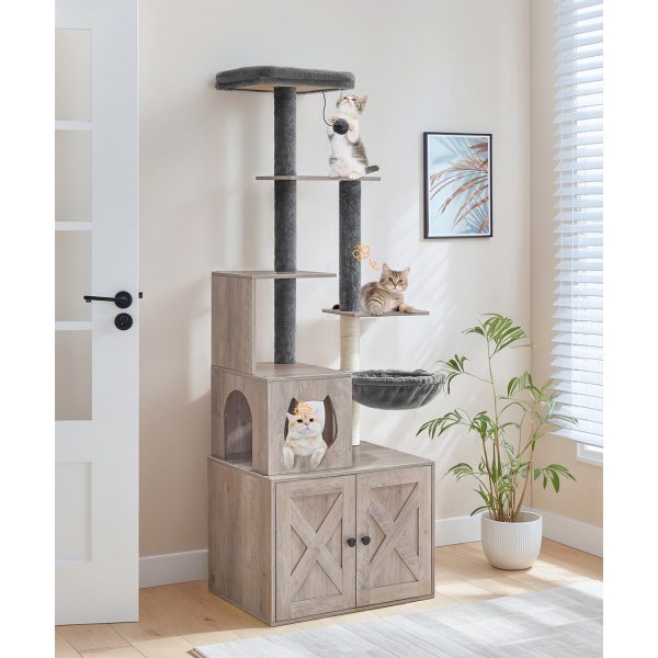 Cat Tree with Litter Box Enclosure, 172.0cm H Wooden Multifunctional Pet Furniture with Hidden Litter Box, Perch, Hammock and Scratching Post, Cat Tower for Indoor Cats, Grey