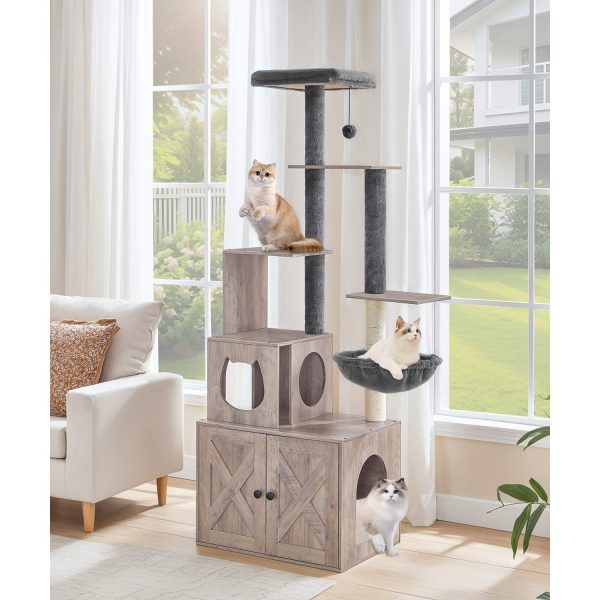 Cat Tree with Litter Box Enclosure, 172.0cm H Wooden Multifunctional Pet Furniture with Hidden Litter Box, Perch, Hammock and Scratching Post, Cat Tower for Indoor Cats, Grey