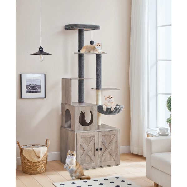Cat Tree with Litter Box Enclosure, 172.0cm H Wooden Multifunctional Pet Furniture with Hidden Litter Box, Perch, Hammock and Scratching Post, Cat Tower for Indoor Cats, Grey