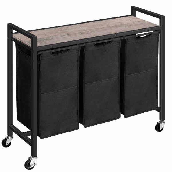 3-قسم فارز الغسيل مع العجلات, Removable Oxford Fabric Laundry Hamper, جريج وأسود, تصميم قابل للسحب