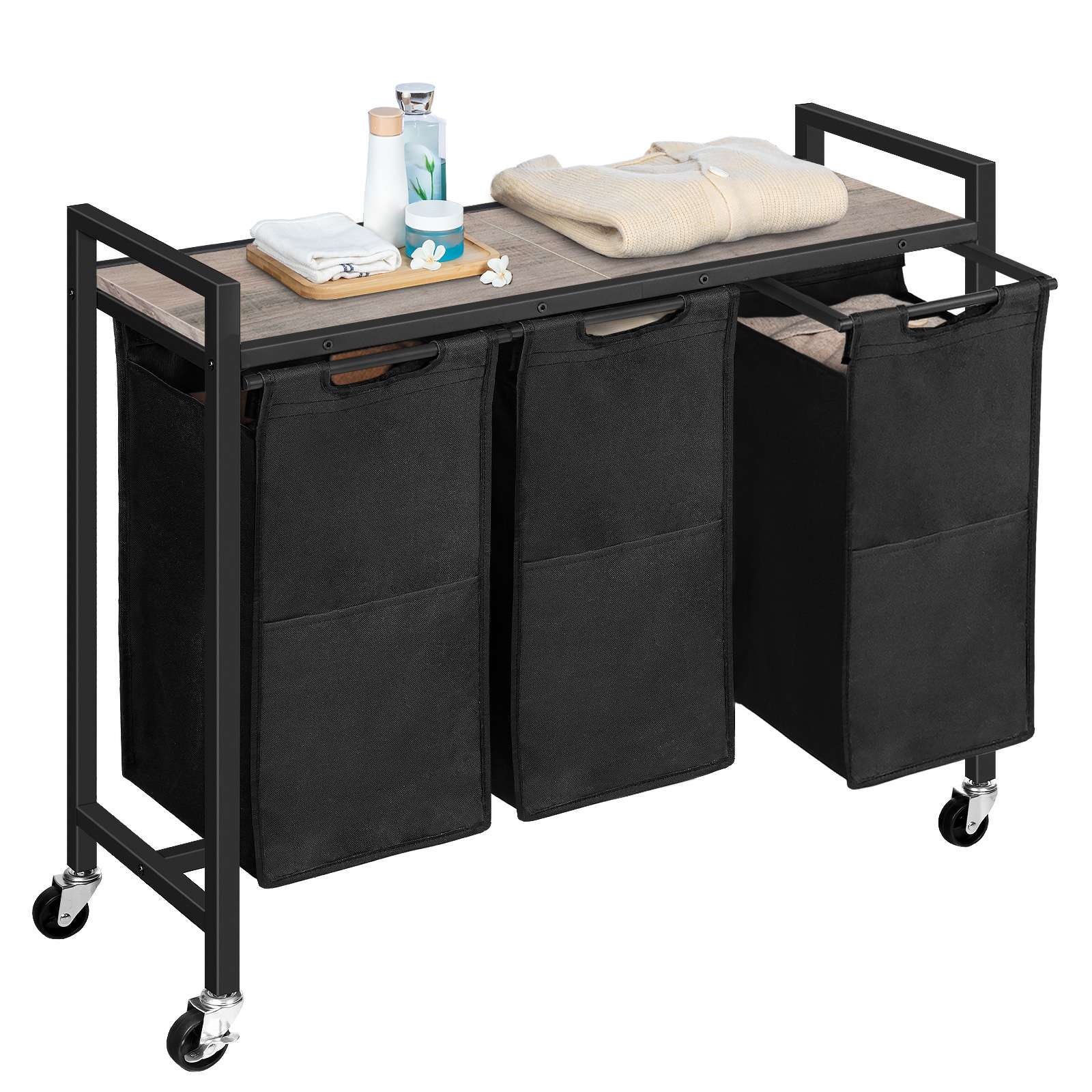 3-قسم فارز الغسيل مع العجلات, Removable Oxford Fabric Laundry Hamper, جريج وأسود, تصميم قابل للسحب