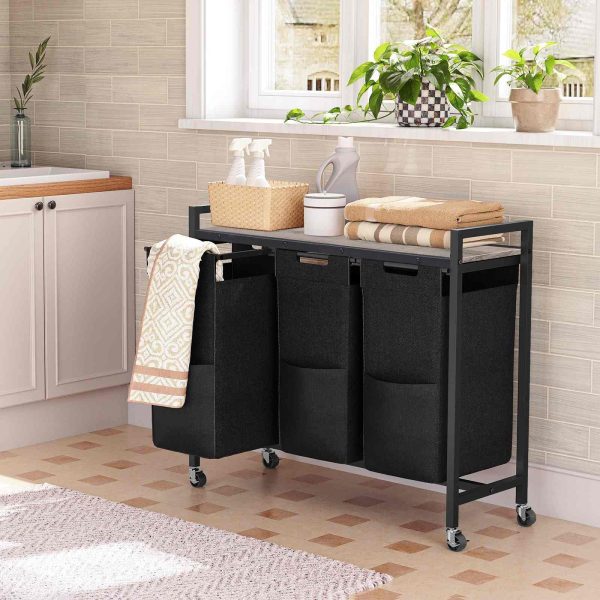 3-قسم فارز الغسيل مع العجلات, Removable Oxford Fabric Laundry Hamper, جريج وأسود, تصميم قابل للسحب