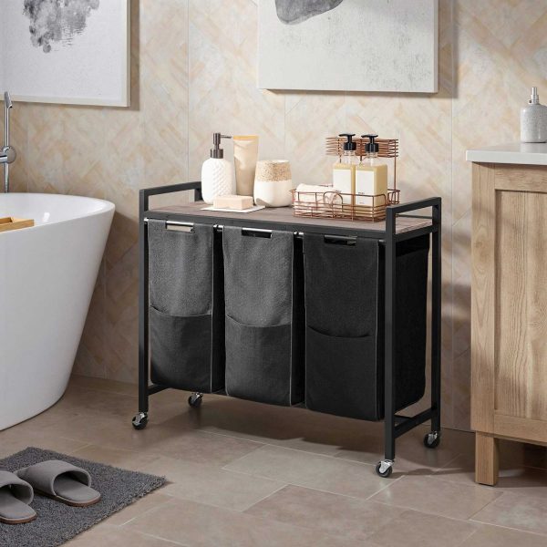 3-قسم فارز الغسيل مع العجلات, Removable Oxford Fabric Laundry Hamper, جريج وأسود, تصميم قابل للسحب