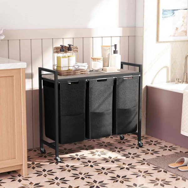 3-قسم فارز الغسيل مع العجلات, Removable Oxford Fabric Laundry Hamper, جريج وأسود, تصميم قابل للسحب