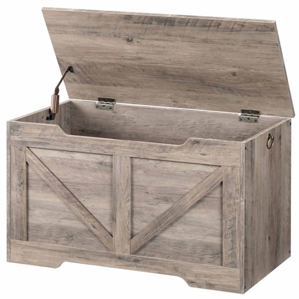 Szara drewniana skrzynia do przechowywania, Organizer na zabawki w stylu retro z wyciętym uchwytem w kształcie litery U, Wielofunkcyjna ławka do przechowywania, Zawias bezpieczeństwa, Solidna struktura, 100kg Nośność, Łatwy montaż