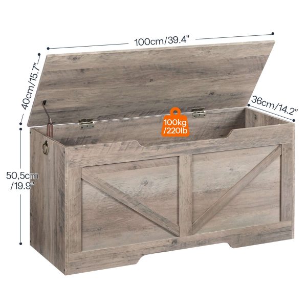 Szara drewniana skrzynia do przechowywania, Organizer na zabawki w stylu retro z wyciętym uchwytem w kształcie litery U, Wielofunkcyjna ławka do przechowywania, Zawias bezpieczeństwa, Solidna struktura, 100kg Nośność, Łatwy montaż