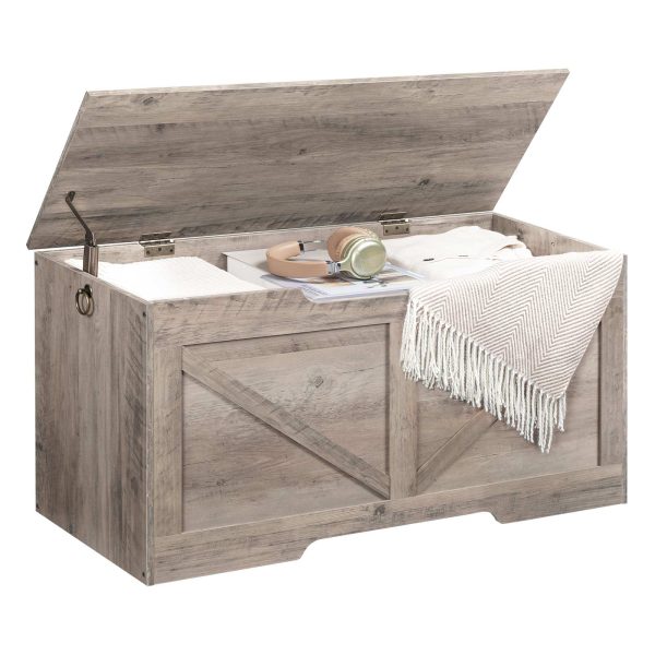 Szara drewniana skrzynia do przechowywania, Organizer na zabawki w stylu retro z wyciętym uchwytem w kształcie litery U, Wielofunkcyjna ławka do przechowywania, Zawias bezpieczeństwa, Solidna struktura, 100kg Nośność, Łatwy montaż