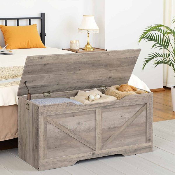 Szara drewniana skrzynia do przechowywania, Organizer na zabawki w stylu retro z wyciętym uchwytem w kształcie litery U, Wielofunkcyjna ławka do przechowywania, Zawias bezpieczeństwa, Solidna struktura, 100kg Nośność, Łatwy montaż