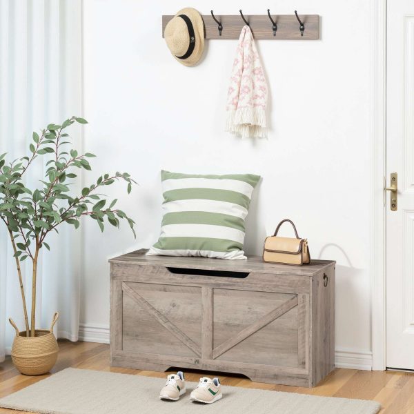 Szara drewniana skrzynia do przechowywania, Organizer na zabawki w stylu retro z wyciętym uchwytem w kształcie litery U, Wielofunkcyjna ławka do przechowywania, Zawias bezpieczeństwa, Solidna struktura, 100kg Nośność, Łatwy montaż