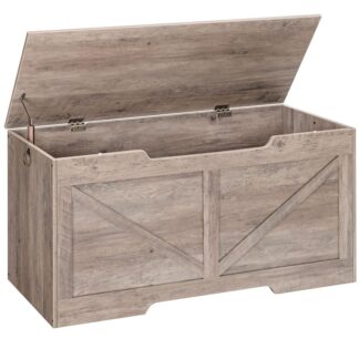 Banc de rangement HOOBRO, 43.3" Coffre de rangement rétro en bois avec poignée découpée en forme de U, Charnière de sécurité, Les soutiens 220 lb et assemblage facile pour organisateur de coffre à jouets (Gris)