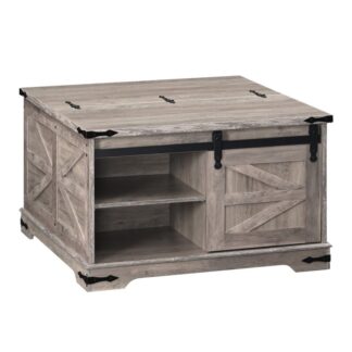 Greige Farmhouse Coffee Table, Μεγάλο τετράγωνο τραπεζάκι για σαλόνι, Ανυψώστε το τετράγωνο τραπεζάκι του καφέ, Ξύλινο τραπέζι καφέ Greige με πόρτα αχυρώνα, Κρυμμένος χώρος,