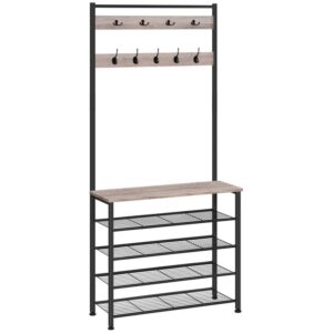 Hall Tree, Coat Rack with Shoe Rack, Hall Tree with Bench, 5 Tier Shoe Storage Organizer with 9 Hooks for Entryway, Closet, Sturdy, Industrial, Grey and Black
