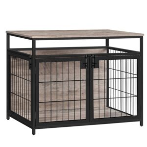 Dog crate furniture, wooden dog crate, dog kennels with 3 doors indoor, decorative mesh pet crate end table for medium/small dog, chew-resistant dog house, grey and black