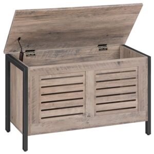 storage bench, lift top toy box organizer with safety hinge, sturdy entryway storage chest, wooden look accent furniture with metal frame, louvered door, grey
