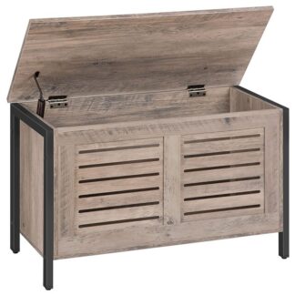 coffre de rangement, coffre à jouets en bois, Organisateur de la boîte à jouets rétro avec charnière de sécurité, banc de stockage robuste, cadre métallique, soutien 220 kg, porte à feu, Grille