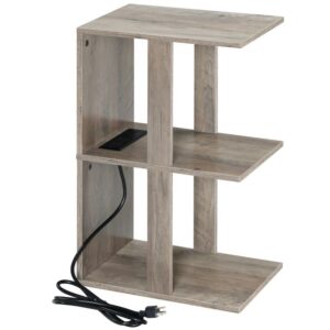 nightstand with charging station, 3 tier end table with usb ports and outlets, narrow side table with storage shelf, small sofa bedside table for small spaces, bedroom, greige