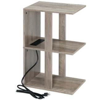 nachtkastje met laadstation, 3 Tier -eindtafel met USB -poorten en verkooppunten, smal bijzettafel met opbergplank, Kleine banklijfetafel voor kleine ruimtes, slaapkamer, Greir