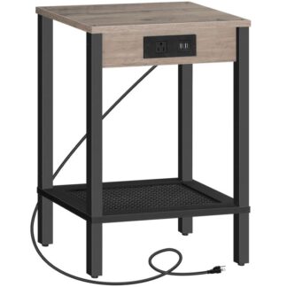 Beistelltisch mit Ladestation, Beistelltisch mit USB-Anschlüssen und Steckdose, Nachttisch mit Ablagefach, Dekoration aus Kunstrattan, für Wohnzimmer, Schlafzimmer, Greige und Schwarz