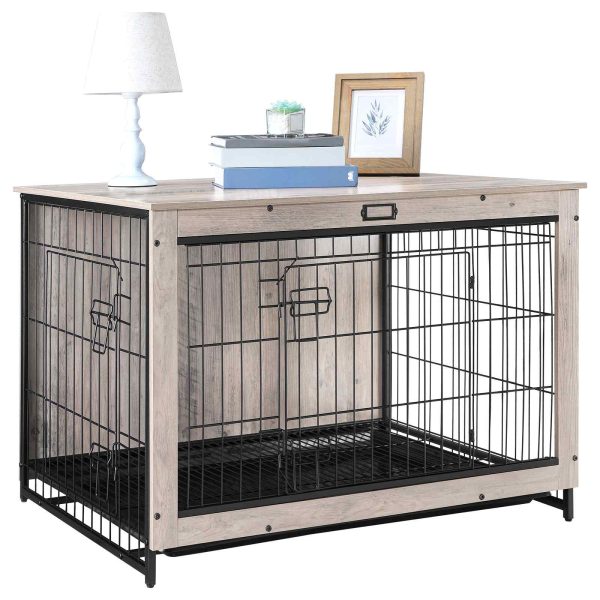 Hondenkrat meubilair, 3XL Houten Dierenkrat, 98cm Dierenmeubel met uittrekbaar dienblad, Thuisgebruik binnenshuis, Moderne bijzettafel met dubbele deur voor middelgrote/grote honden, Kauwbestendig, Grijs