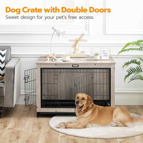 Hondenkrat meubilair, 3XL Houten Dierenkrat, 98cm Dierenmeubel met uittrekbaar dienblad, Thuisgebruik binnenshuis, Moderne bijzettafel met dubbele deur voor middelgrote/grote honden, Kauwbestendig, Grijs