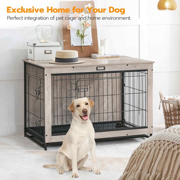 Hondenkrat meubilair, 3XL Houten Dierenkrat, 98cm Dierenmeubel met uittrekbaar dienblad, Thuisgebruik binnenshuis, Moderne bijzettafel met dubbele deur voor middelgrote/grote honden, Kauwbestendig, Grijs