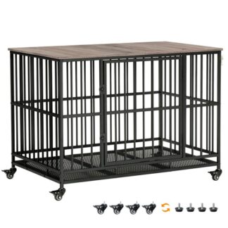 قفص الكلب الثقيل, 43.3" الأثاث الكلب الكلب الكبير الداخلي مع الوجه الوجه, طاولة جانبية قفص الكلاب غير القابلة للتدمير مع عجلات, للكلاب الصغيرة/المتوسطة/الكبيرة, جريج وأسود