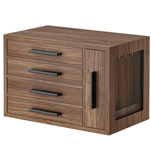 Walnut & Black Wooden Jewelry Organizer Box, 4-Layer Storage Case with Transparent Window, Suitable for Earrings, Necklaces, Rings and Cosmetics