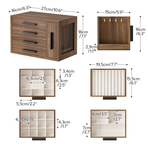 Walnut & Black Wooden Jewelry Organizer Box, 4-Layer Storage Case with Transparent Window, Suitable for Earrings, Necklaces, Rings and Cosmetics