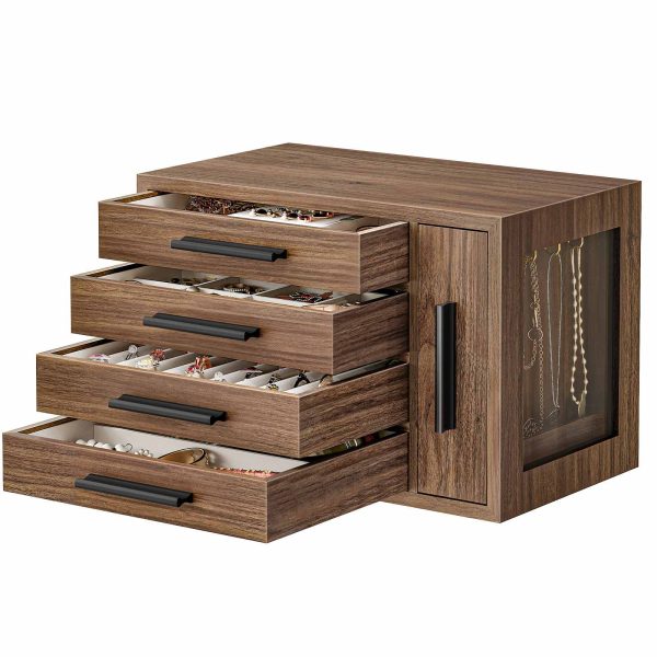 Walnut & Black Wooden Jewelry Organizer Box, 4-Layer Storage Case with Transparent Window, Suitable for Earrings, Necklaces, Rings and Cosmetics
