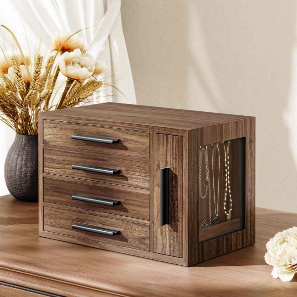 Walnut & Black Wooden Jewelry Organizer Box, 4-Layer Storage Case with Transparent Window, Suitable for Earrings, Necklaces, Rings and Cosmetics