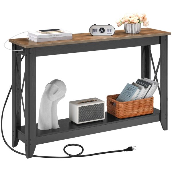 Black & Walnut Narrow Console Table with Power Socket, 2-Tier Entryway Table Equipped with Outlets and USB Ports, Slim Sofa Behind-Couch Table for Entrance, Hallway, Foyer and Corridor