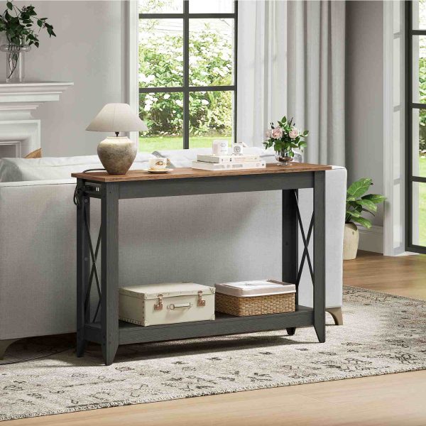 Black & Walnut Narrow Console Table with Power Socket, 2-Tier Entryway Table Equipped with Outlets and USB Ports, Slim Sofa Behind-Couch Table for Entrance, Hallway, Foyer and Corridor