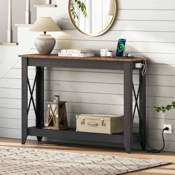 Black & Walnut Narrow Console Table with Power Socket, 2-Tier Entryway Table Equipped with Outlets and USB Ports, Slim Sofa Behind-Couch Table for Entrance, Hallway, Foyer and Corridor