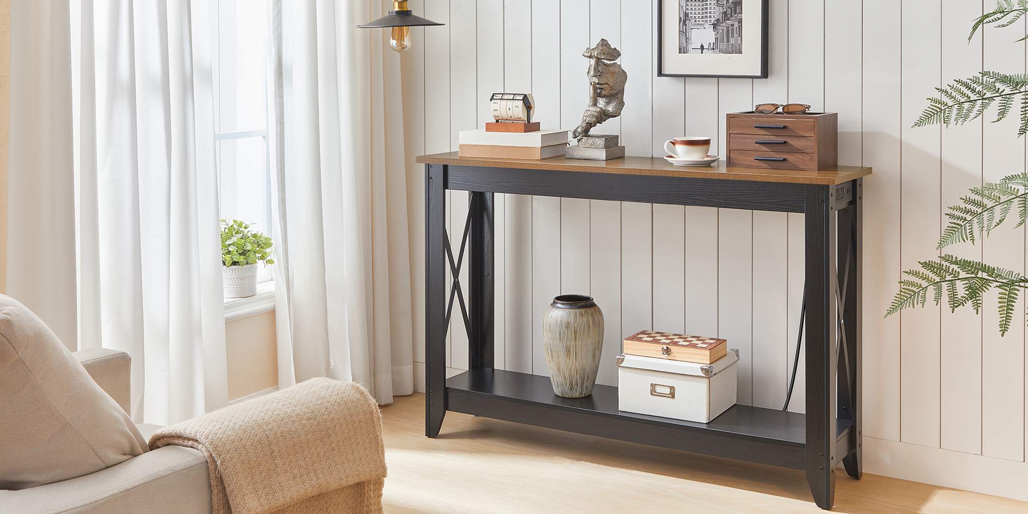 Black & Walnut Narrow Console Table with Power Socket, 2-Tier Entryway Table Equipped with Outlets and USB Ports, Slim Sofa Behind-Couch Table for Entrance, Hallway, Foyer and Corridor