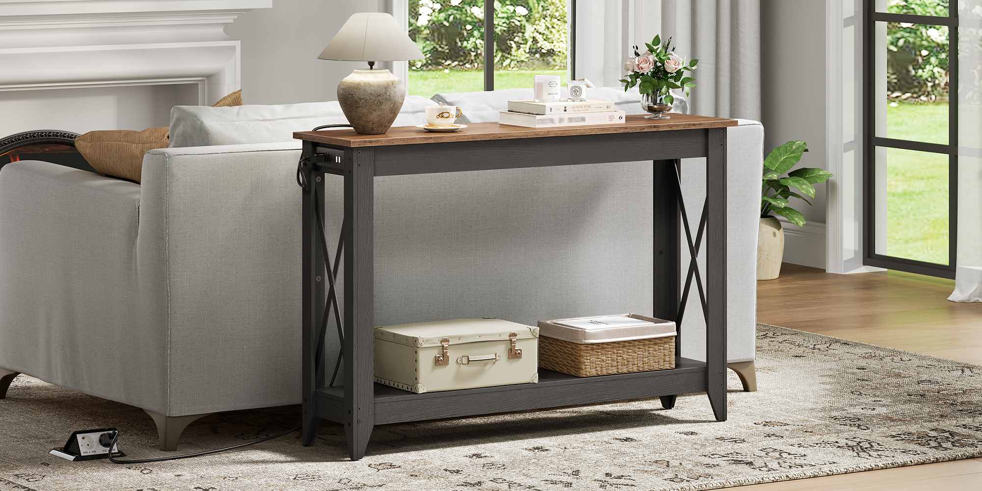 Black & Walnut Narrow Console Table with Power Socket, 2-Tier Entryway Table Equipped with Outlets and USB Ports, Slim Sofa Behind-Couch Table for Entrance, Hallway, Foyer and Corridor