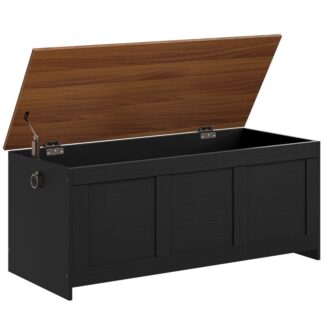 Banc de rangement noir et noyer, 120coffre de rangement en bois rétro CM, Tronc de rangement en bois, Coffre jouet avec dessus de levage, Organisateur d'entrée multifonctionnel, pour l'entrée, Salon