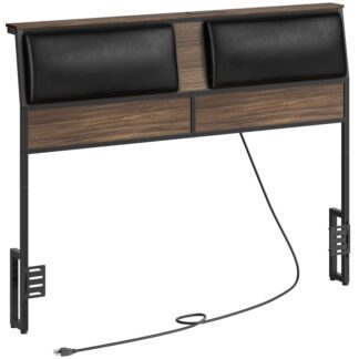 Walnut and Black Queen Size Headboard, Cabela de cabeceira estofada com estação de carregamento, com prateleira de armazenamento superior e adaptadores de estrutura de cama, Altura ajustável, para a estrutura da cama queen size