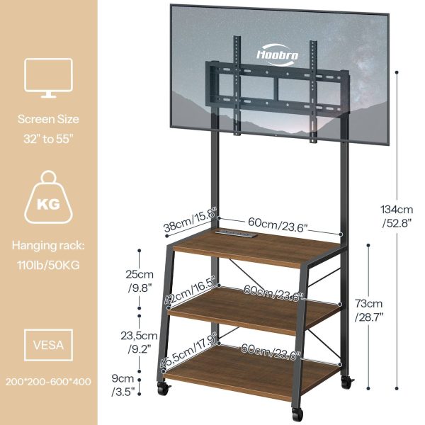 Rolling TV Stand with Mount and Power Outlet, Compatible with Up to 55-Inch TVs, Black and Walnut Corner Entertainment Center with 3-Tier Storage Shelves, Suitable for Living Room and Bedroom