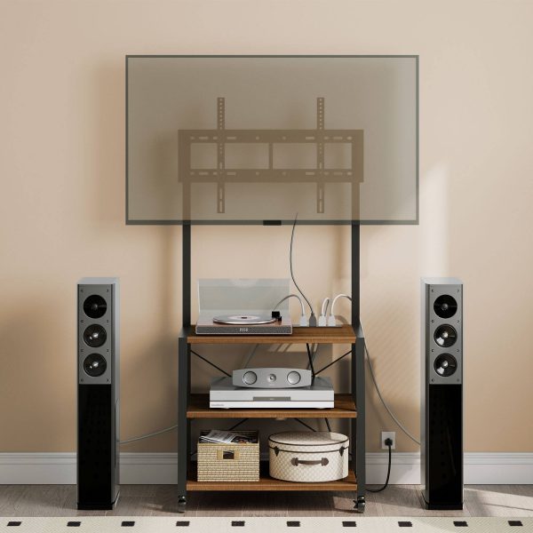 Rolling TV Stand with Mount and Power Outlet, Compatible with Up to 55-Inch TVs, Black and Walnut Corner Entertainment Center with 3-Tier Storage Shelves, Suitable for Living Room and Bedroom