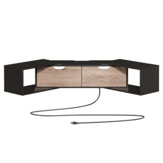 Floating TV Stand with Power Outlet, Walnut and Black Corner Floating Entertainment Center, Wall Mounted Entertainment Center with Storage for Living Room, Under TV Shelf