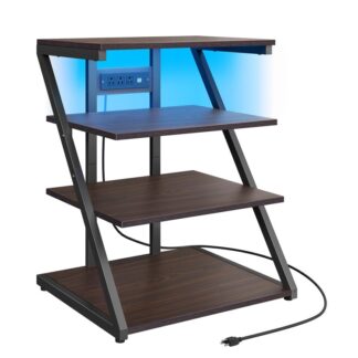 4-Tier AV Media Stand con estación de carga, Gabinete estéreo, Stand de TV de esquina con luces LED, Torre de audio de rack con salidas ajustables para reproductor de discos, Negro y nogal