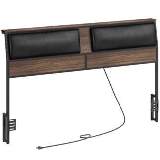 Walnut e Black King Size Headboard, Cabela de cabeceira estofada com estação de carregamento, com prateleira de armazenamento superior e adaptadores de estrutura de cama, Altura ajustável, Para a moldura da cama king size