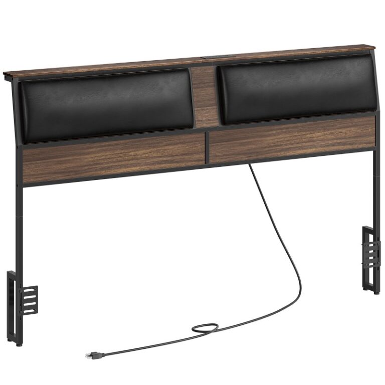 Cabecera de tamaño de nogal y negro King, Cabecera tapizada con estación de carga, con adaptadores de estante de almacenamiento y marco de cama superior, Altura ajustable, Para el marco de la cama de tamaño king