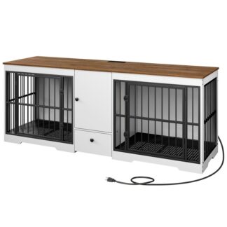 الأثاث من الجوز والكلاب البيضاء 2 كلاب, أثاث قفص مزدوج للكلاب مع خزانة تخزين ودرج